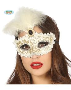 Cremefarbene und goldene venezianische Maske mit weißen Federn für Frauen